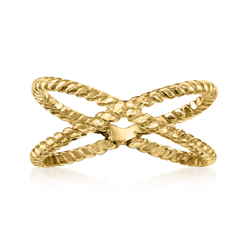 Twisted crisscross gold over sterling ring with braided texture, X-shaped
