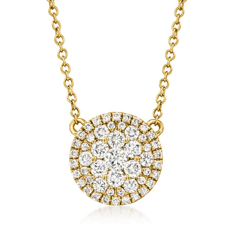 14kt yellow gold diamond disc pendant necklace with round halo and three center stones
