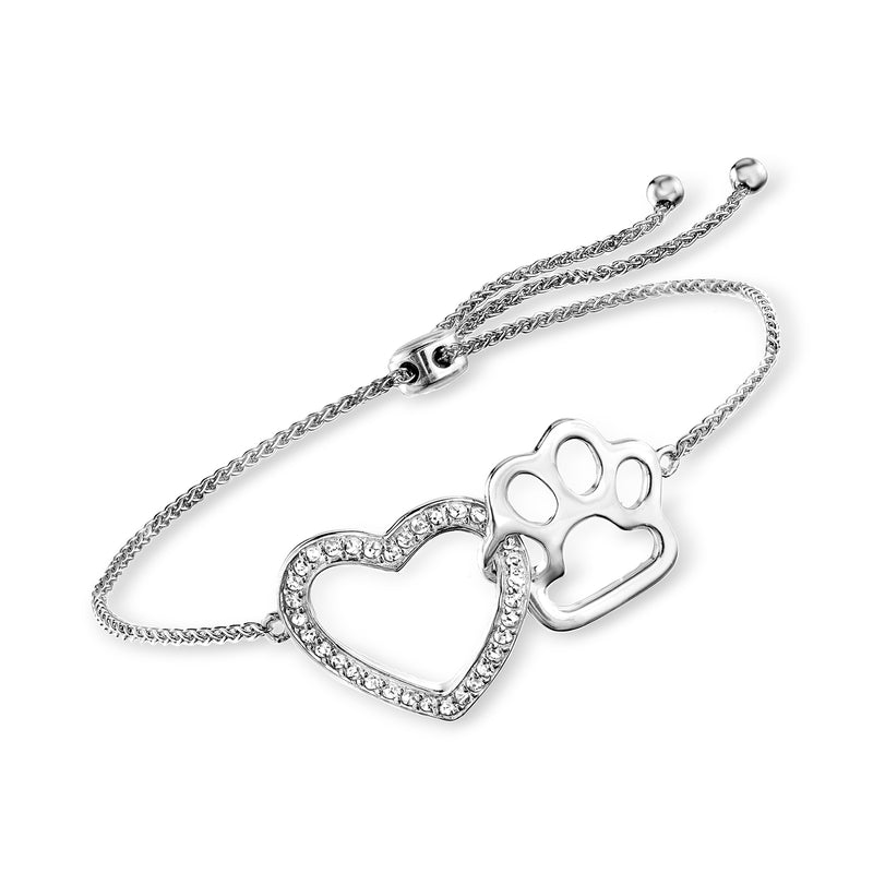 Sterling silver bolo bracelet with heart and paw print charms, white stone accents