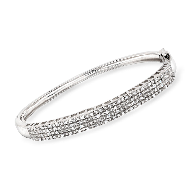 Pave diamond bangle bracelet in sterling silver with a curved, pavé-set front