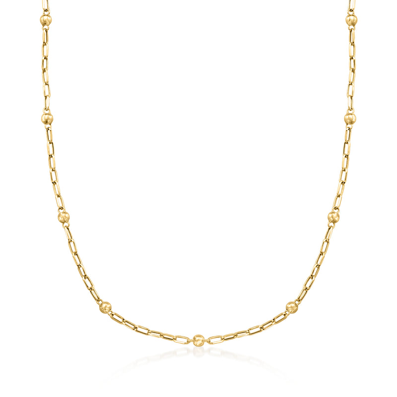 18kt yellow gold paper clip link necklace with bead stations