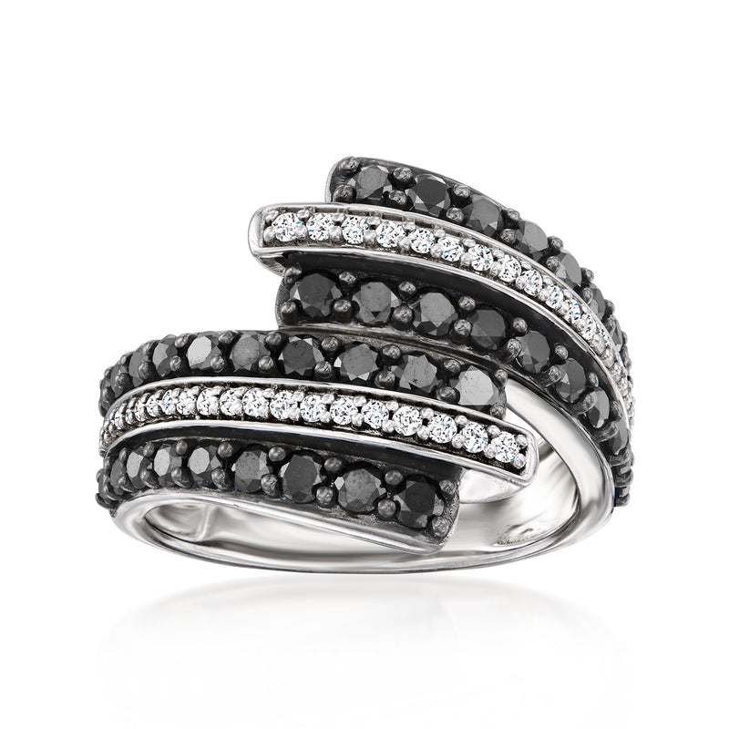 Sterling silver bypass ring with black and white diamond rows