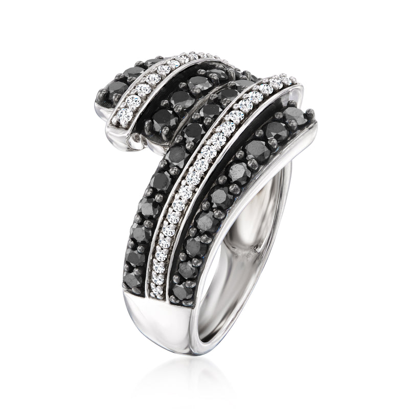 Sterling silver bypass ring with black stones and white diamond side trim