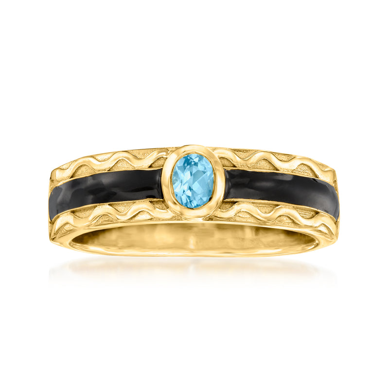 18kt gold over sterling ring with blue topaz center and black enamel band, wave bezel