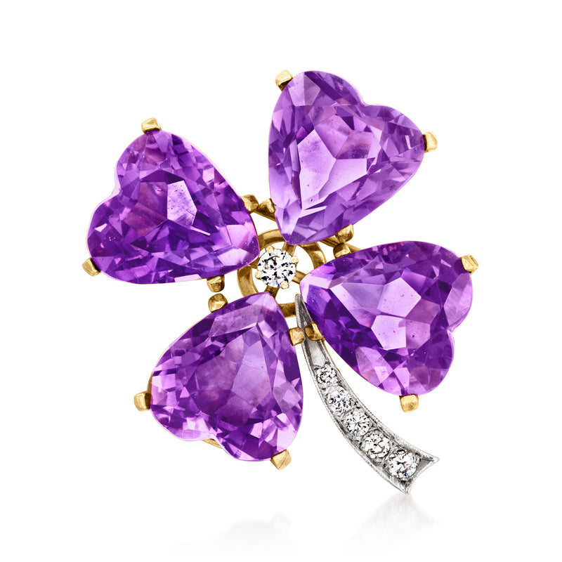 Two-tone gold flower pin with four purple amethyst heart stones and small diamond center