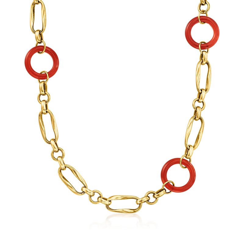 Red carved oval-link necklace in 14k yellow gold chain