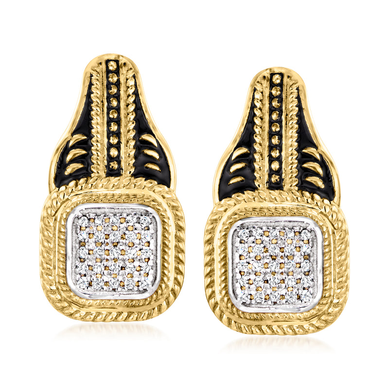 18kt gold over sterling earrings with black enamel and square diamond cluster drops
