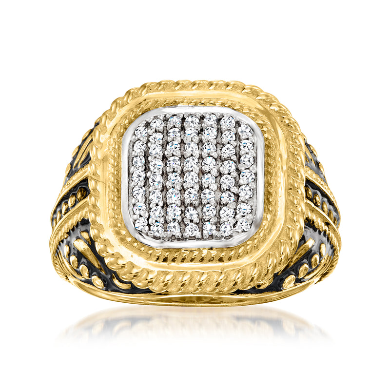 Gold ring with square diamond cluster and black enamel side accents