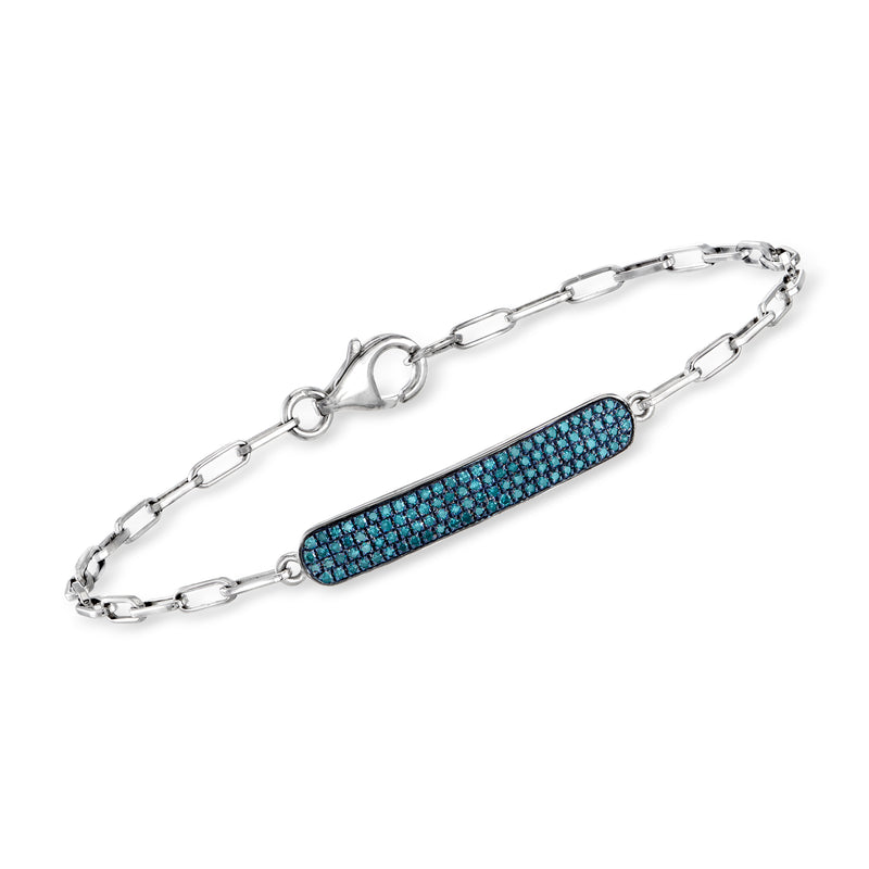 Sterling silver link bracelet with blue diamond bar centerpiece