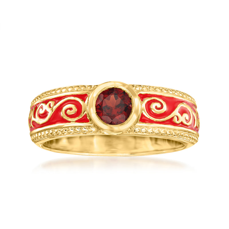 18kt gold over sterling garnet ring with red enamel scrollwork and oval center stone
