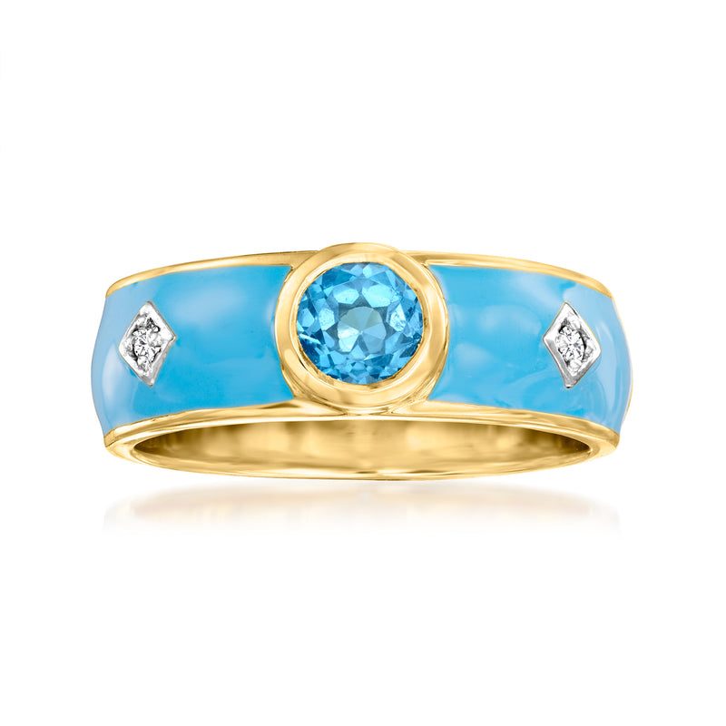 18kt gold blue enamel ring with round Swiss blue topaz and diamond accents