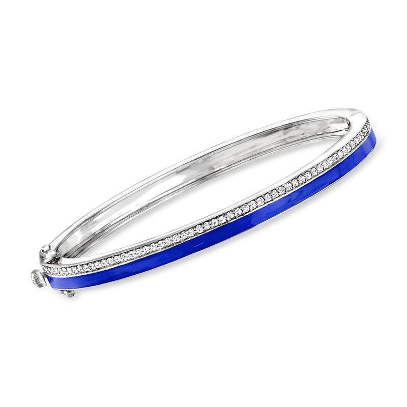 Sterling silver bangle with blue enamel center and pave diamond accents