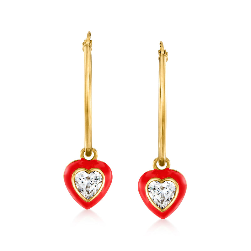 Gold hoop drop earrings with red enamel heart and clear CZ heart center