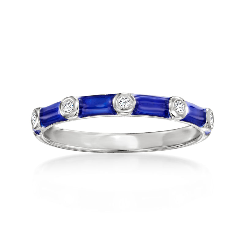 Sterling silver ring with blue enamel top and three round diamond-like stones