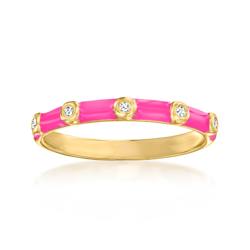 18kt gold over sterling ring with pink enamel band and four round diamond accents