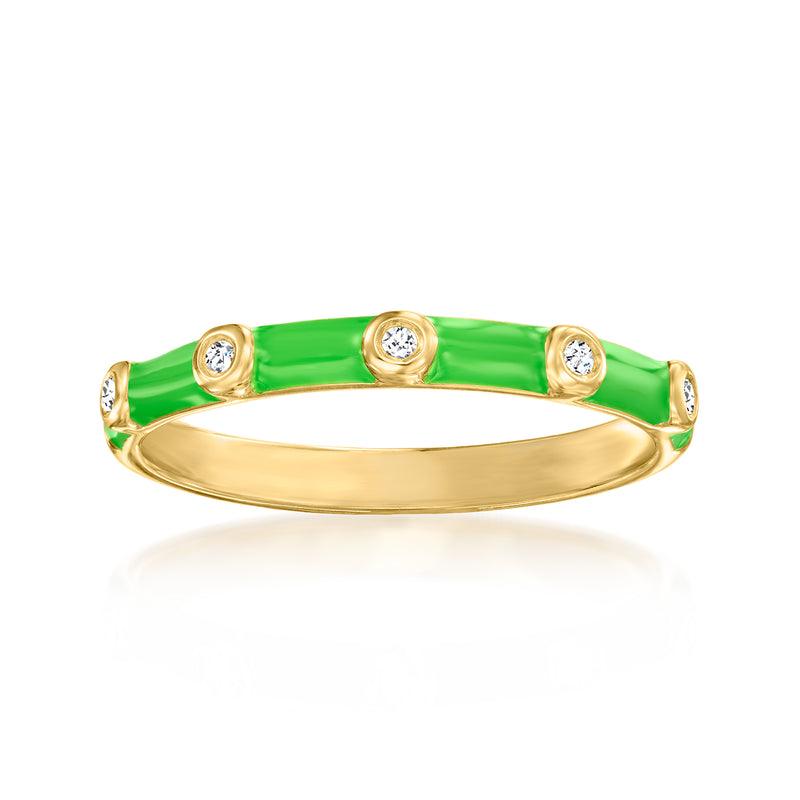 Green enamel ring with gold-tone bezel set round clear stones