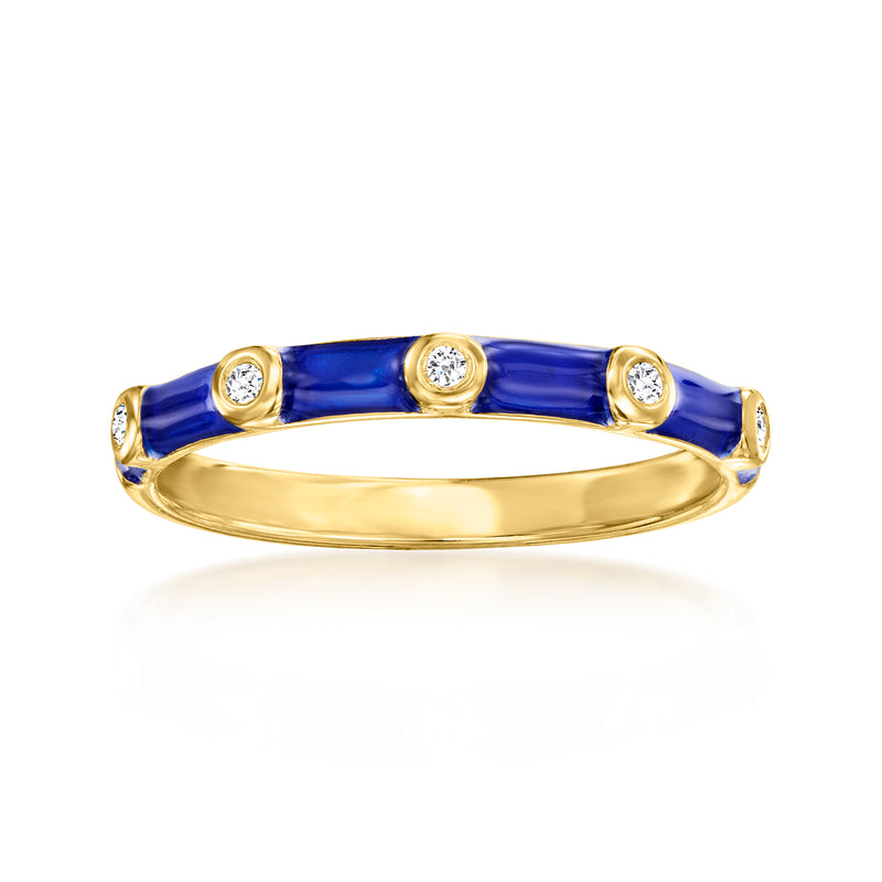 Gold-tone ring with blue enamel band and three round clear stones