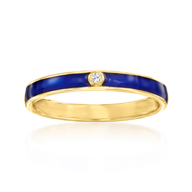 18kt gold over sterling ring with blue enamel band and round diamond accent
