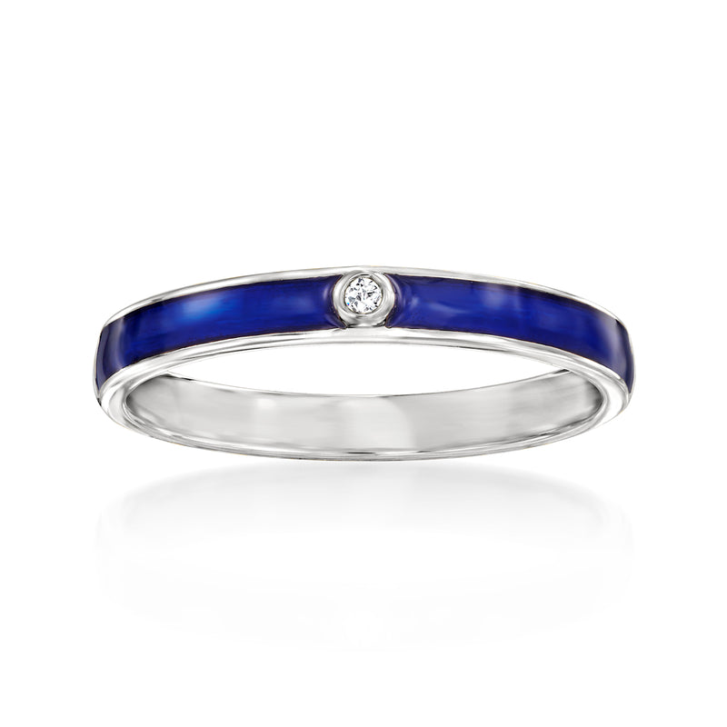 Sterling silver blue enamel ring with round clear stone at top