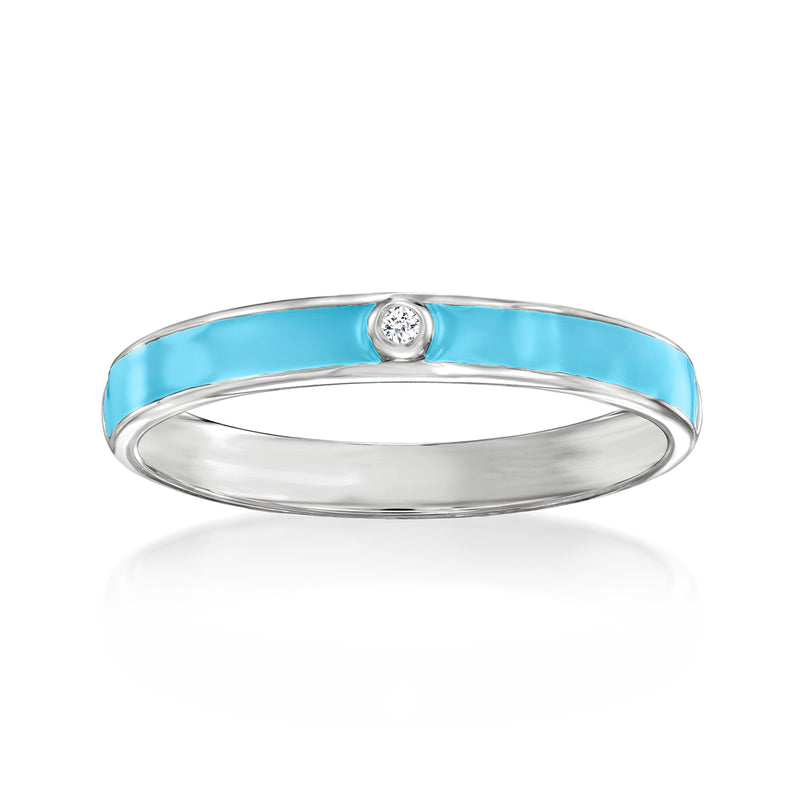 Turquoise enamel sterling silver ring with small diamond detail on top band
