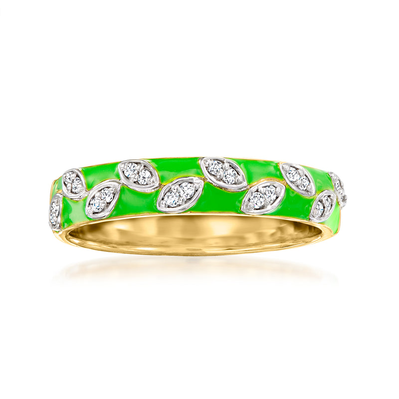 Gold ring with green enamel vine and oval diamond-like stones, rounded band