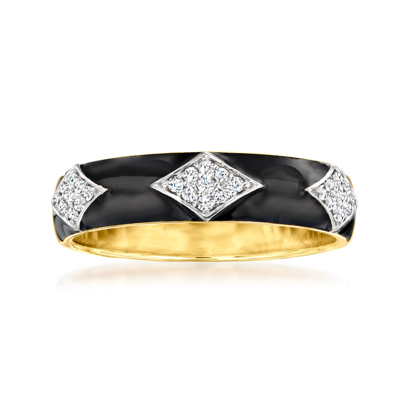 18kt gold over sterling ring with black enamel band and square diamond accents