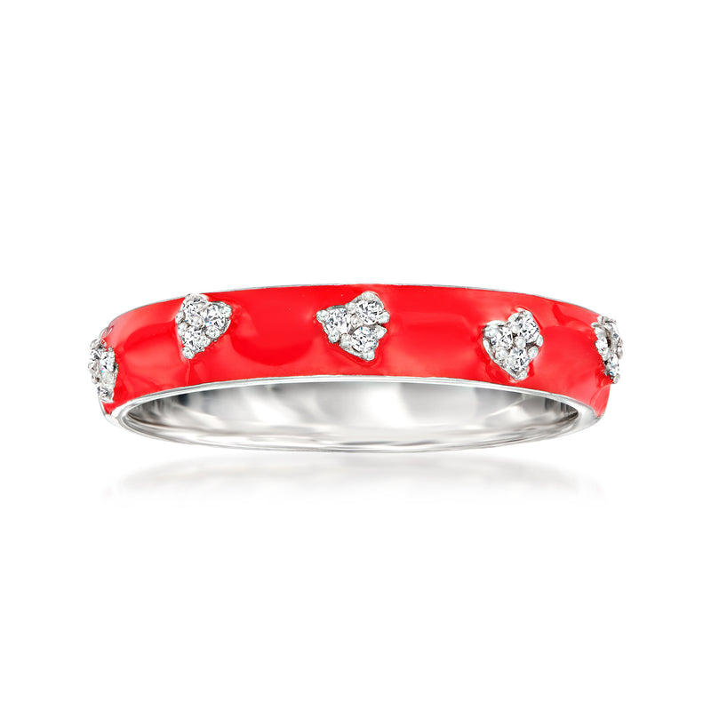 Sterling silver heart ring with red enamel and three diamond-like clear stone accents
