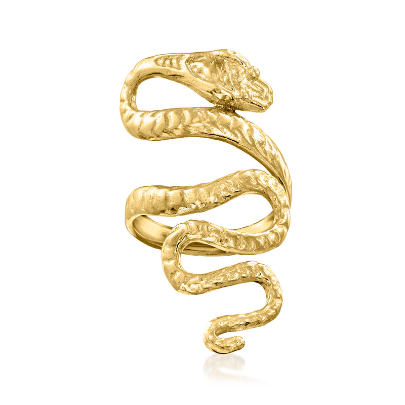 Gold over sterling snake ring with coiled openwork design, shiny finish