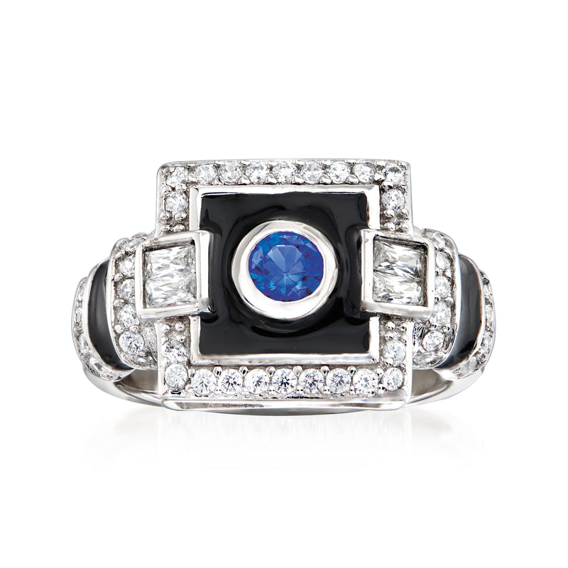 Sterling silver art deco ring with blue center stone, black enamel square, clear CZ accents