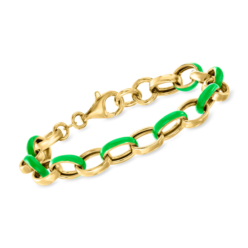 Gold-tone cable-link bracelet with green enamel oval links and clasp