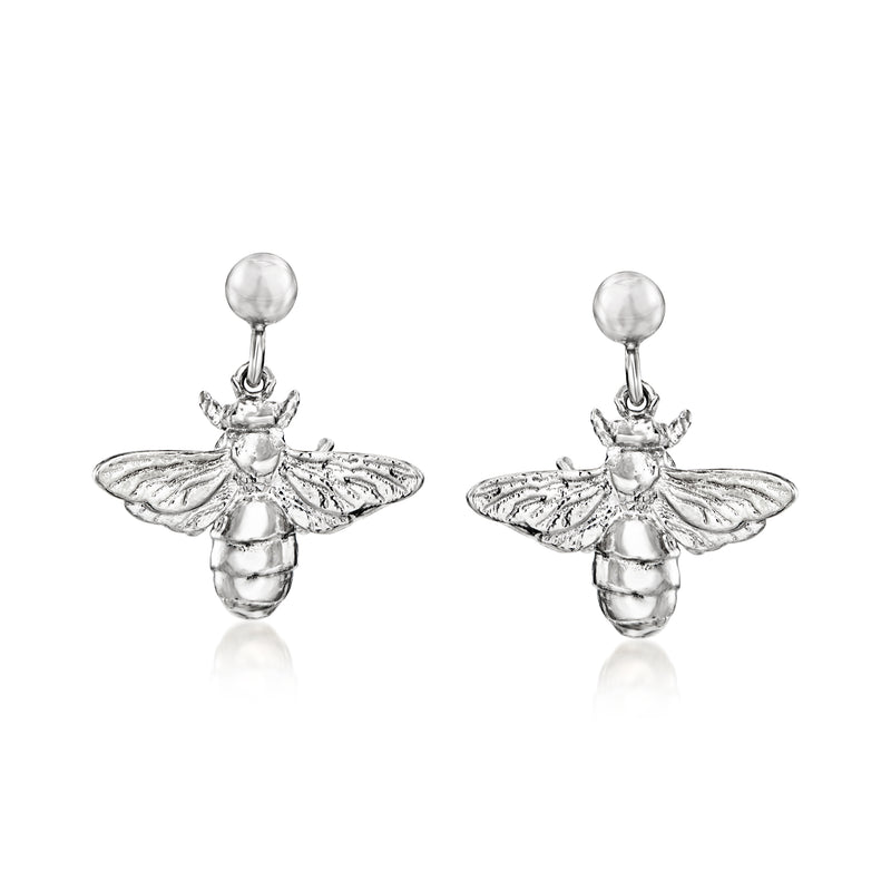 Sterling silver bumblebee drop earrings with rounded body and winged detail