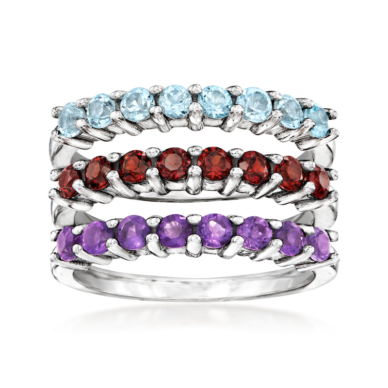 Sterling silver multi-gemstone ring set: three bands with blue, red, and purple stones