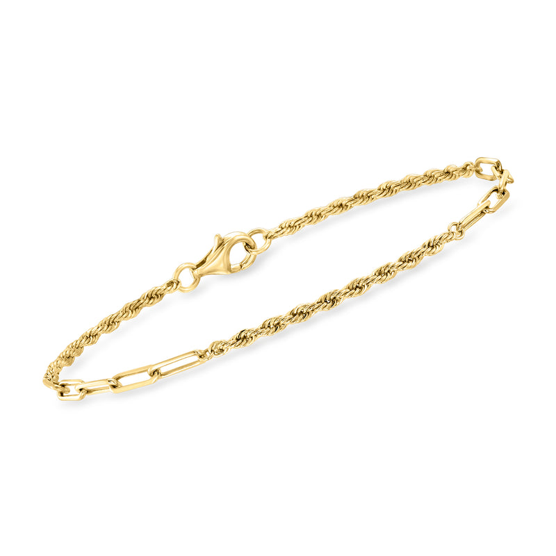 14kt yellow gold alternating rope-chain and paper clip link bracelet with clasp