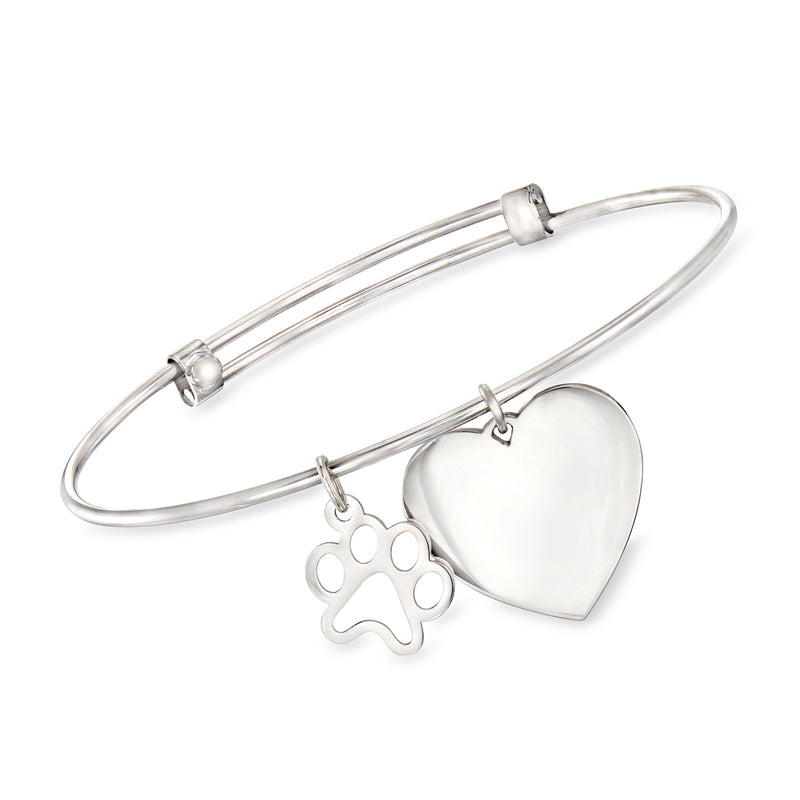 Sterling silver bangle bracelet with paw print charm and plain heart tag