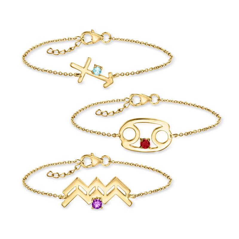 Gold-tone zodiac gemstone charm bracelet with lobster clasp, extender chain, and zodiac charms
