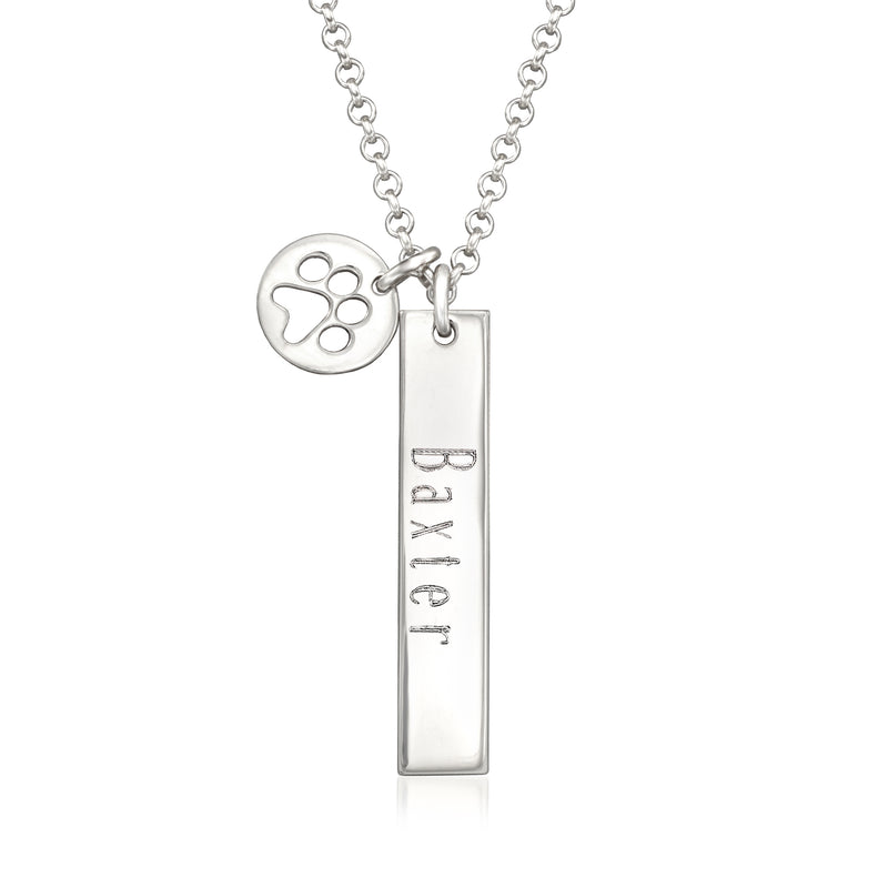 Sterling silver bar necklace with paw print charm and engraved personalized text