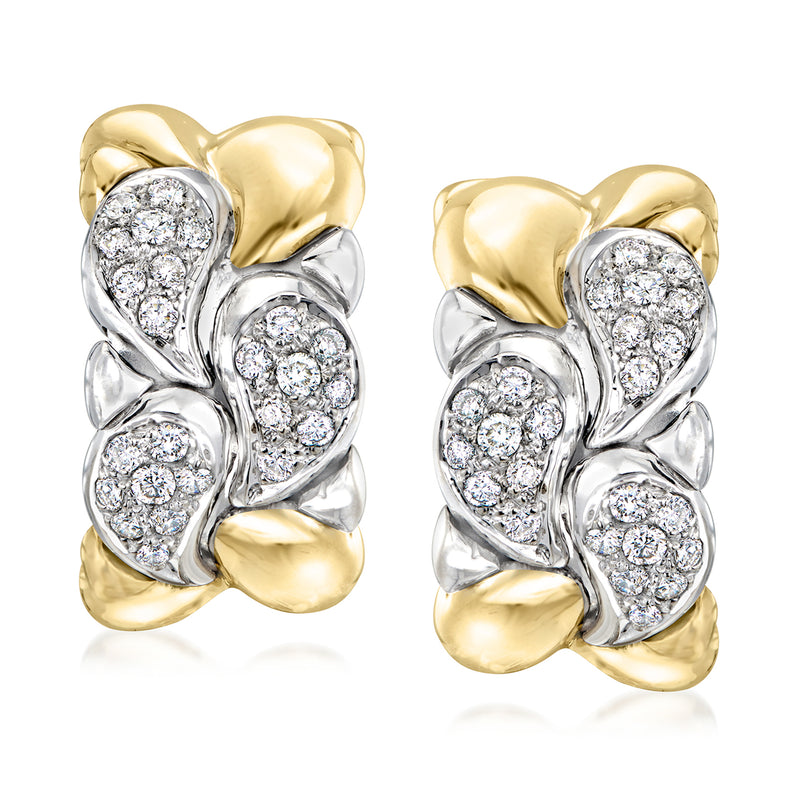 Two-tone 18kt gold curved diamond post earrings with three oval diamond clusters