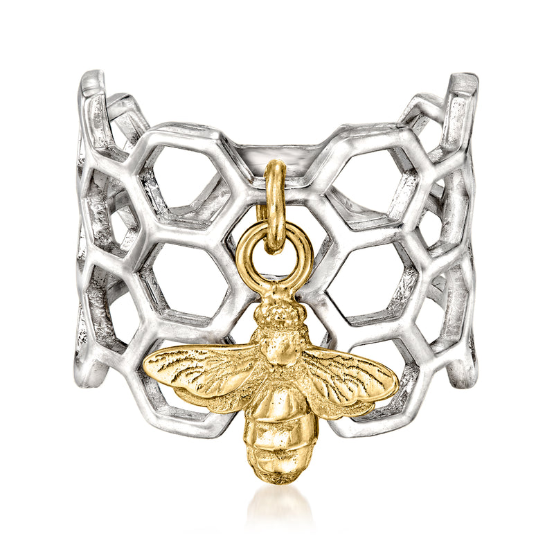 Two-tone sterling silver charm ring with gold bee and honeycomb lattice design