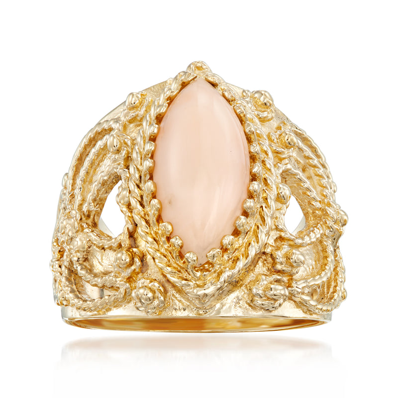14kt yellow gold vintage coral ring with oval pink cabochon, ornate braided setting