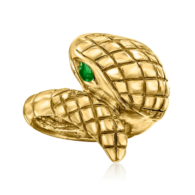 Gold-tone snake ring with green enamel eye detail and textured scale pattern