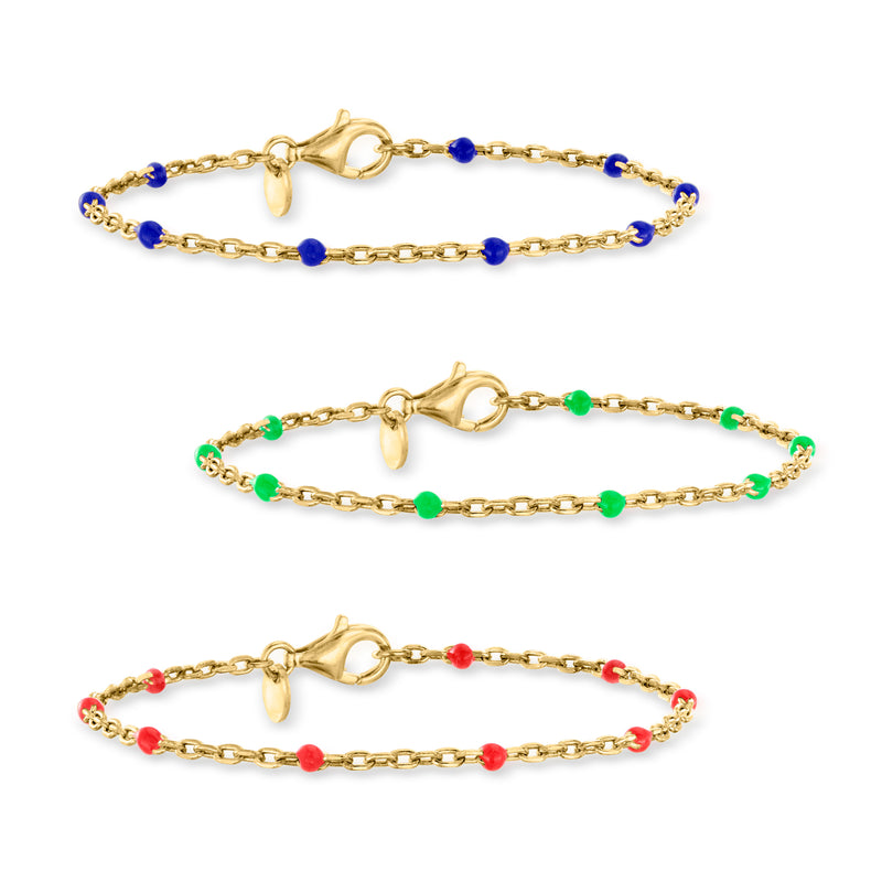 Gold-tone cable-chain bracelet set with blue, green, and red enamel bead accents
