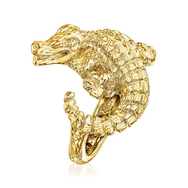18kt yellow gold alligator ring, side view with open mouth and ridged body