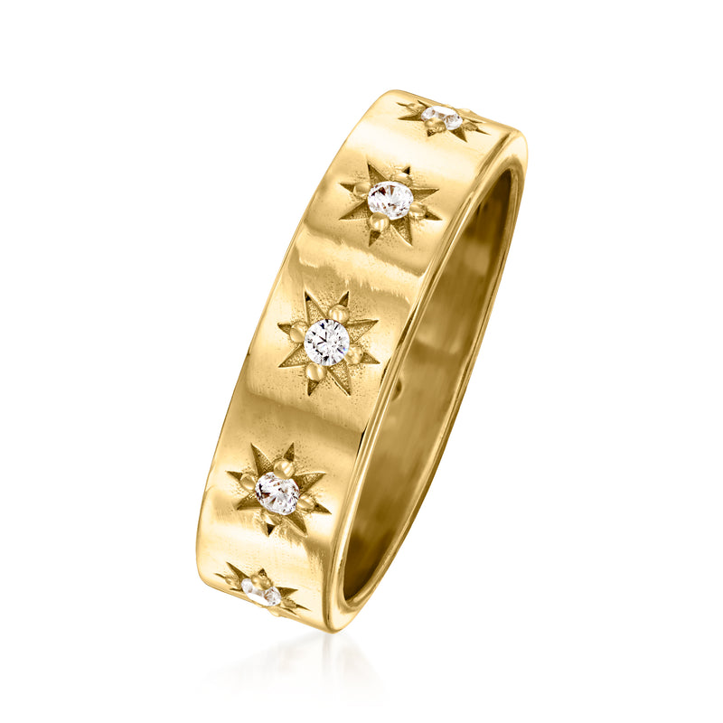 Gold-tone starburst eternity ring with sparkling CZ stones around the band