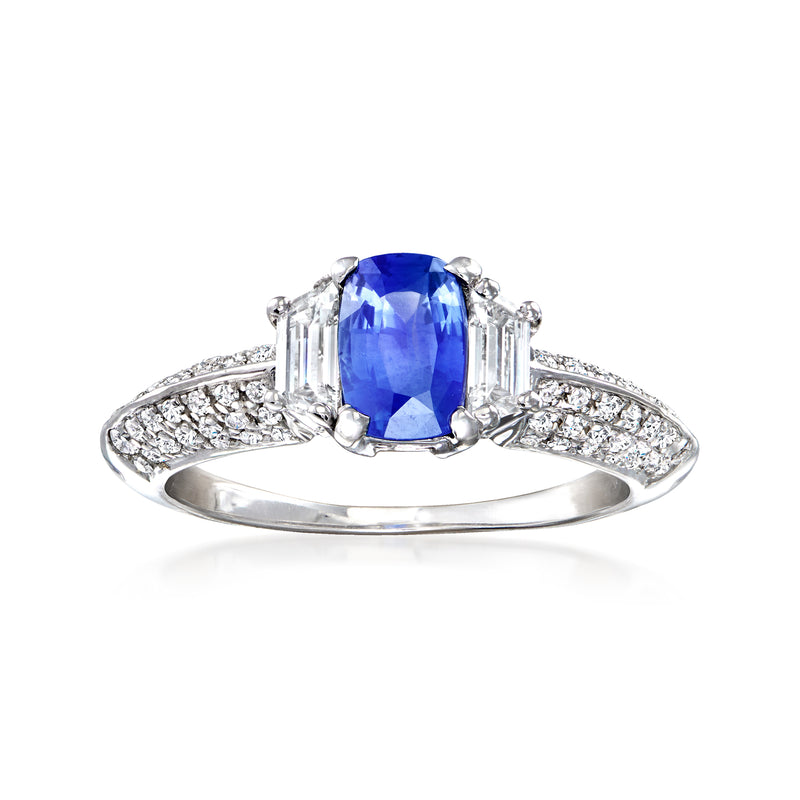 Vintage 18k white gold sapphire and diamond ring with blue oval center