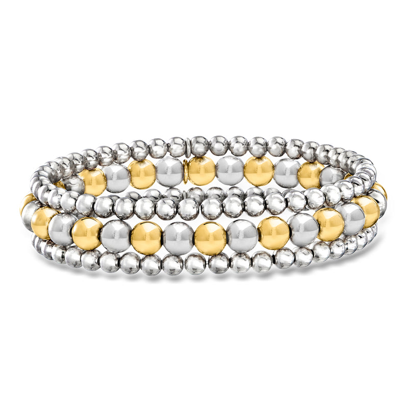 Three two-tone sterling silver bead stretch bracelets, silver and gold accents