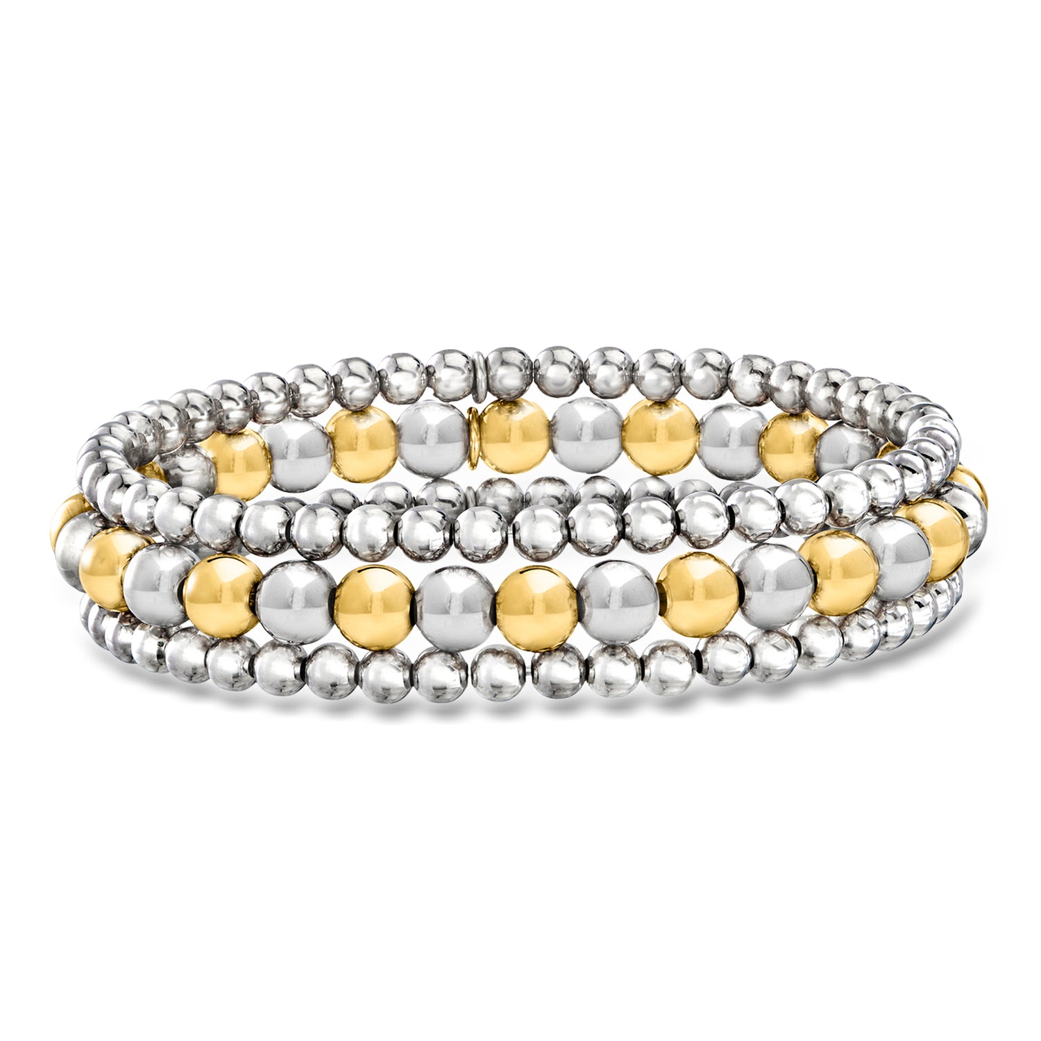 Italian Two-Tone Sterling Silver Jewelry Set: Three 4-6mm Bead Stretch Bracelets