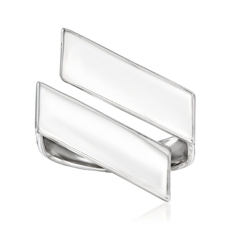 Italian sterling silver rectangular bypass ring, polished open-frame rectangular bands