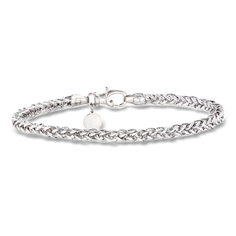 Sterling silver wheat-chain bracelet with clasp and small round charm