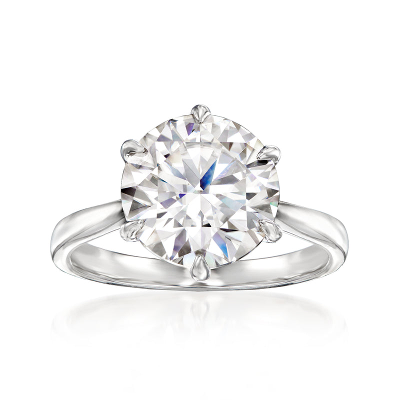 Sterling silver solitaire ring with round moissanite center and four-prong halo