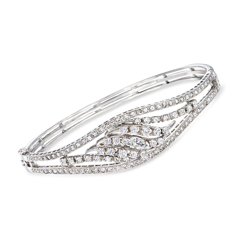 14kt white gold diamond open-space bangle bracelet with pave rows and curved links